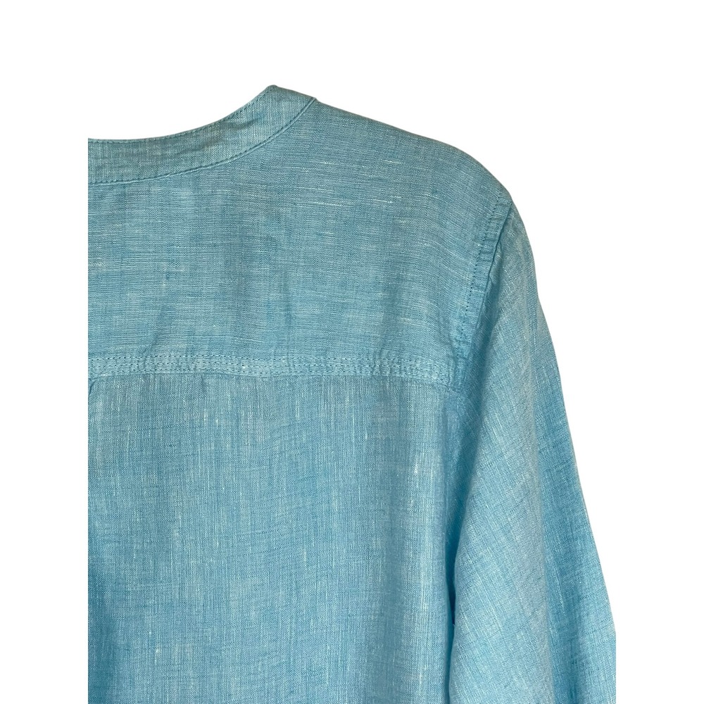 Talbots Womens XLP Blue Linen Roll Tab Sleeve Split Neck Button Tunic Top - Picture 9 of 14